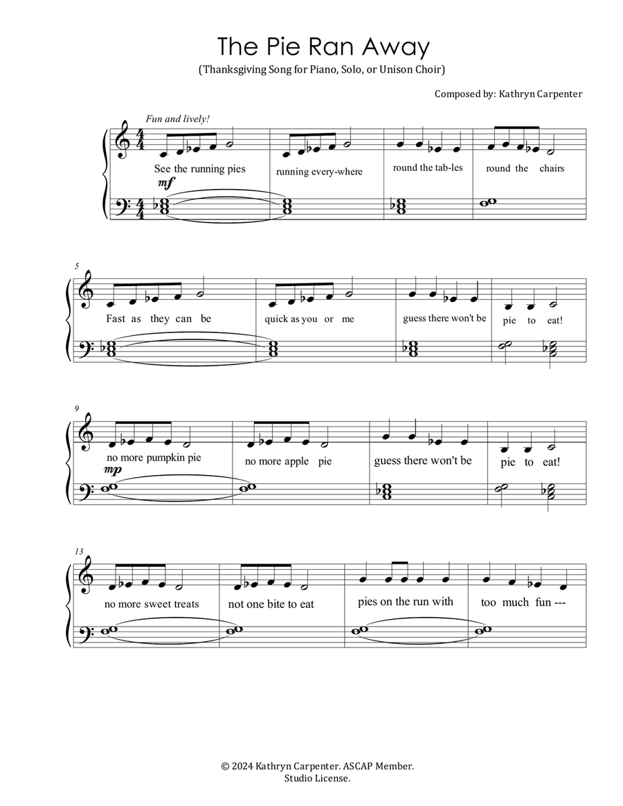 The Pie Ran Away (Easy Thanksgiving Piano) Piano Method scores gallery preview page 1