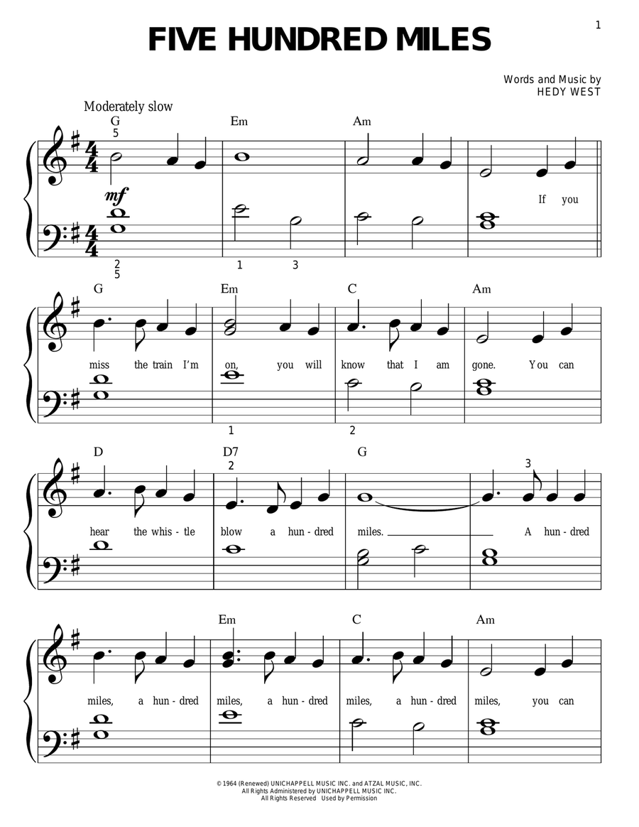 Five Hundred Miles Easy Piano scores gallery preview page 1