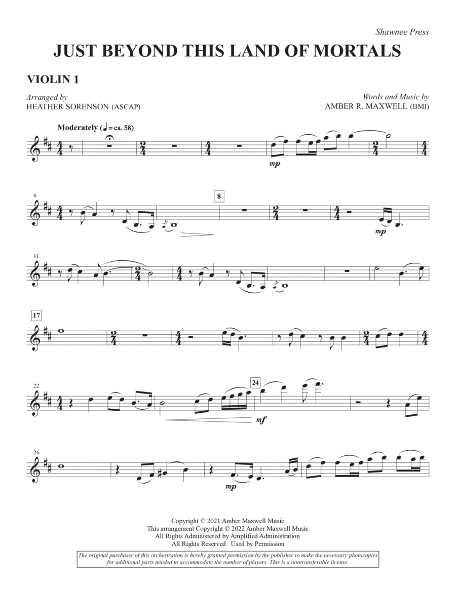 Just Beyond This Land of Mortals (arr. Heather Sorenson) - Violin 1 Choir scores gallery preview page 1