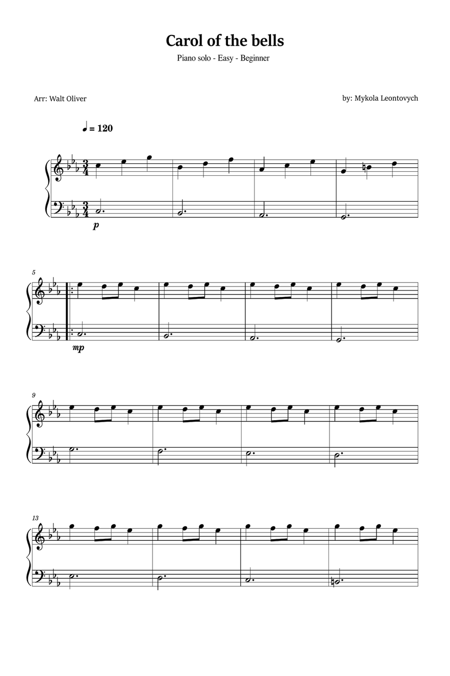 Carol of The Bells - Easy/Beginner Piano - in C minor Easy Piano scores gallery preview page 1
