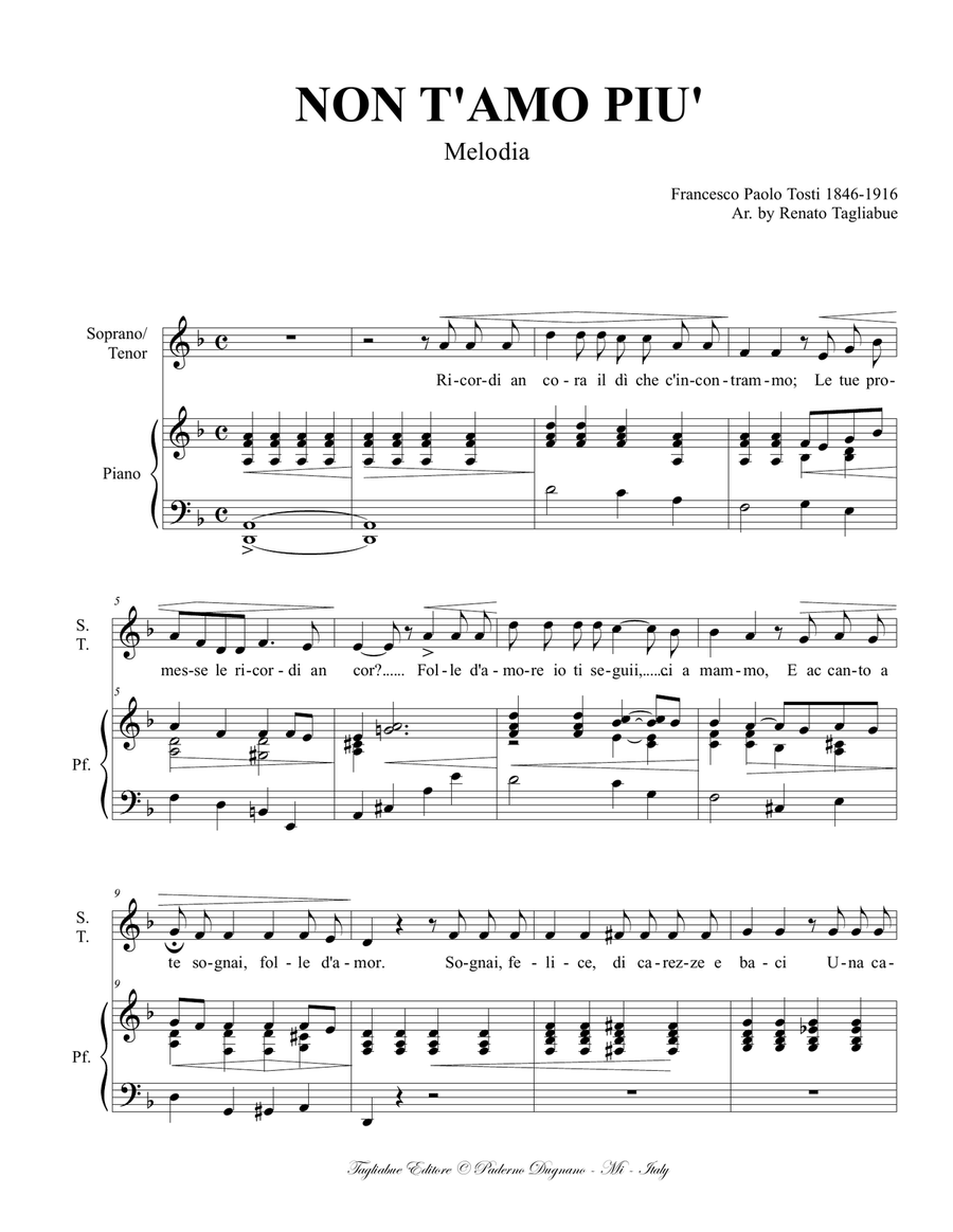 NON T'AMO PIU' - F.P Tosti - For Soprano or Tenor and piano High Voice scores gallery preview page 2
