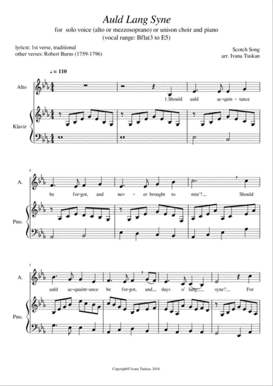 Auld Lang Syne, alto and piano Voice Solo scores gallery preview page 1