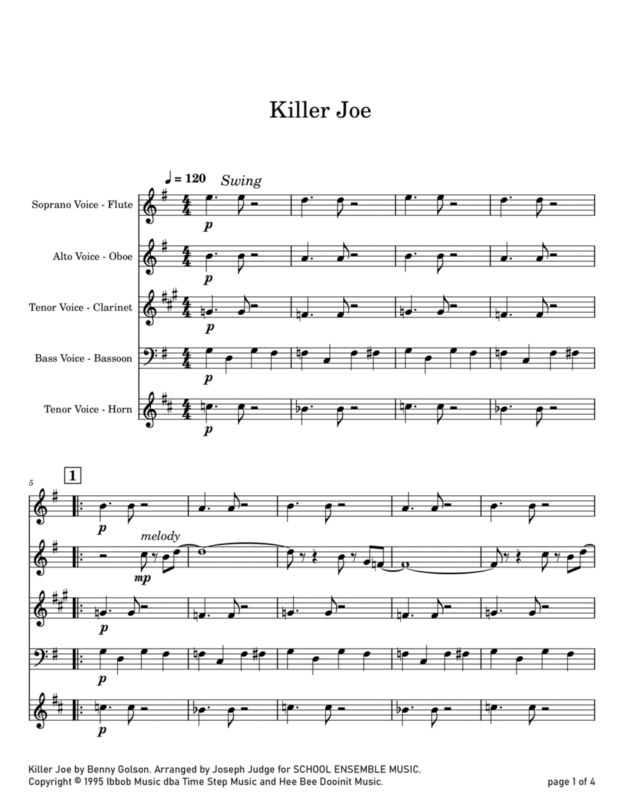 Cool Joe, Mean Joe (killer Joe) Woodwind Quartet scores gallery preview page 1