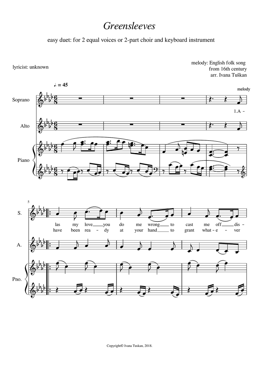 Greensleeves, for SA, and piano, F minor SA scores gallery preview page 1