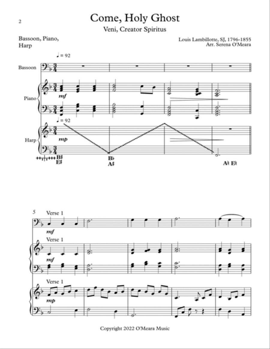 Come, Holy Ghost, Trio for Bassoon, Harp, Piano Bassoon scores gallery preview page 2
