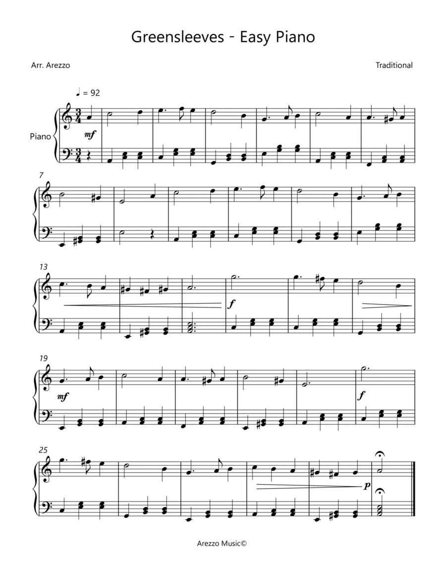 Greensleeves - Easy Piano Sheet Music Easy Piano scores gallery preview page 1