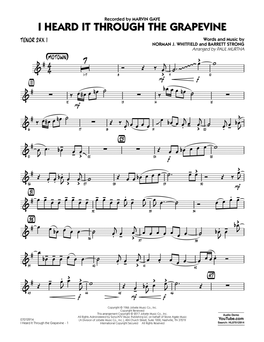 I Heard It Through the Grapevine - Tenor Sax 1 Tenor Saxophone scores gallery preview page 1