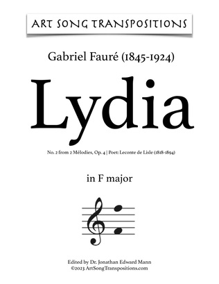 Book cover for FAURÉ: Lydia, Op. 4 no. 2 (transposed to F major and E major)