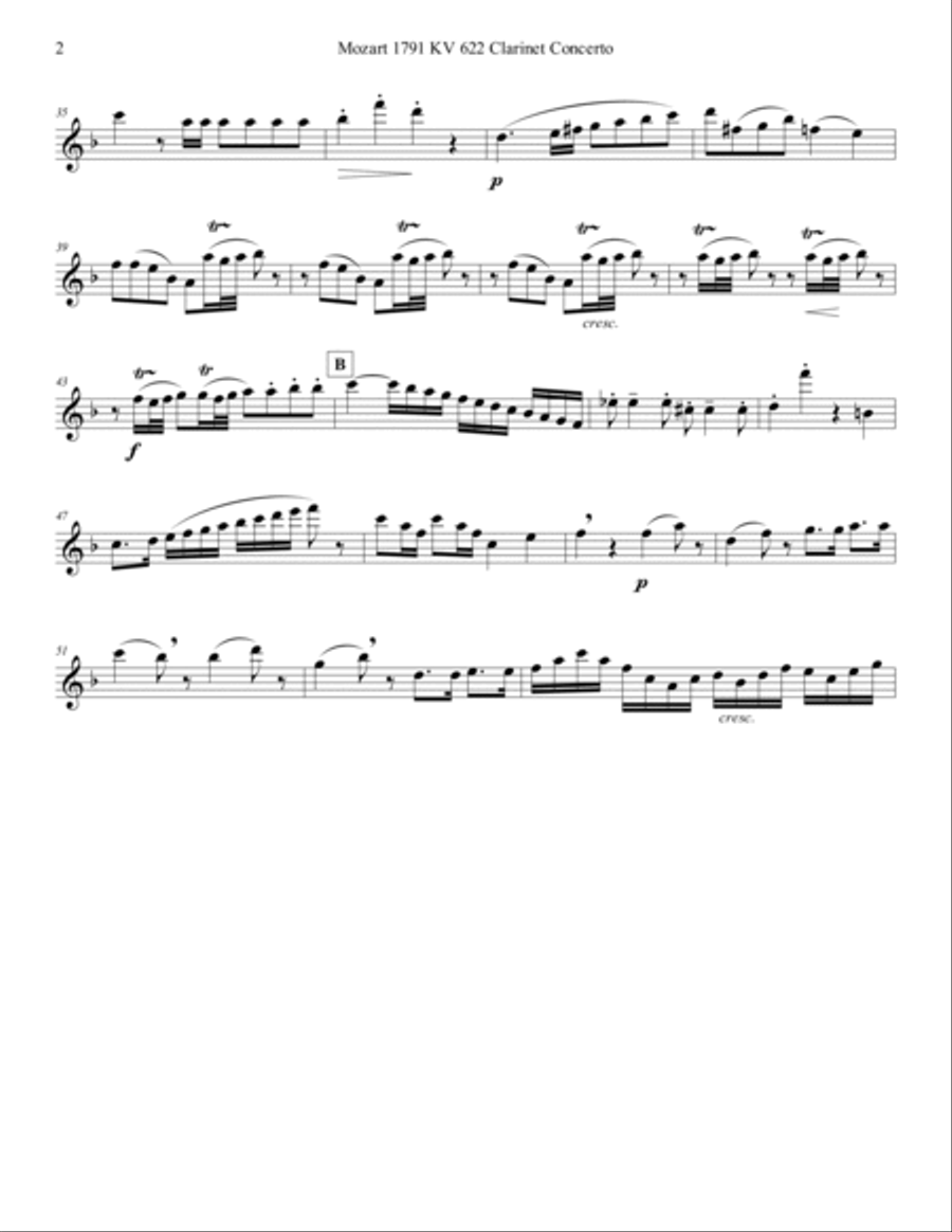 Mozart 1791 KV 622 Clarinet Concerto in F Flute Solo Part Only Clarinet scores gallery preview page 2