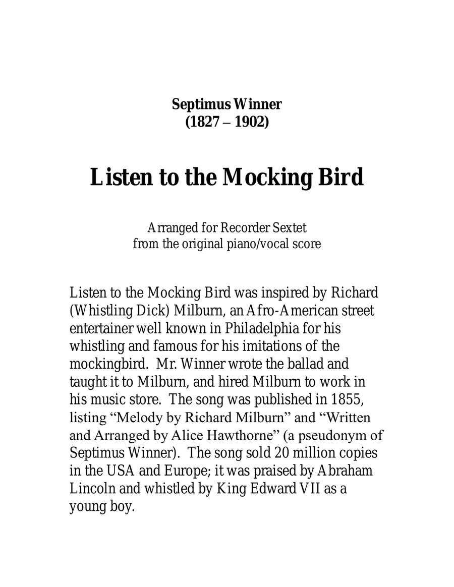 Listen to the Mocking Bird for Recorder Sextet Recorder scores gallery preview page 2
