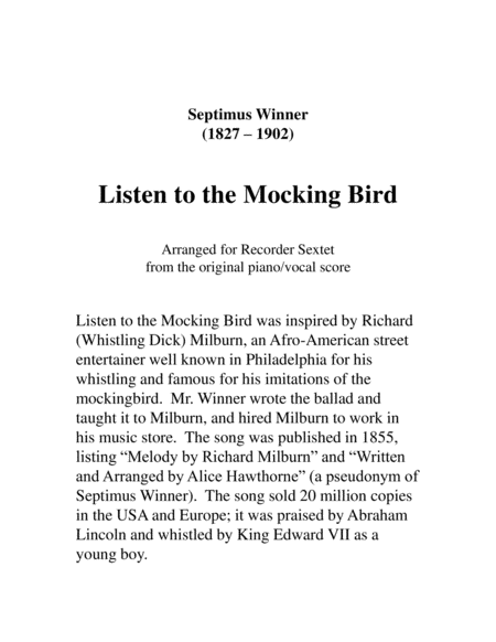 Listen to the Mocking Bird for Recorder Sextet image number null