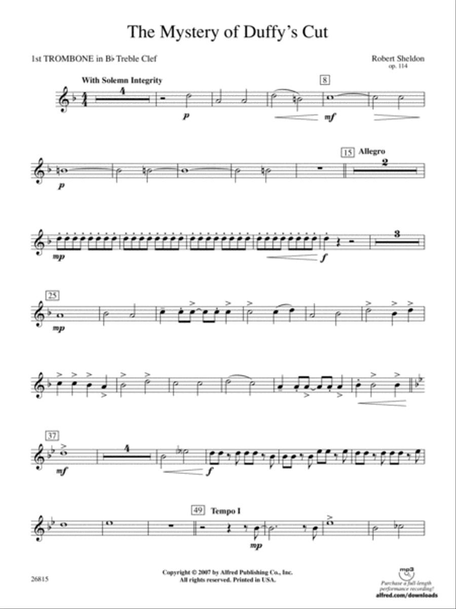 The Mystery of Duffy's Cut: (World Part) 1st B-flat Trombone T.C. Concert Band scores gallery preview page 1