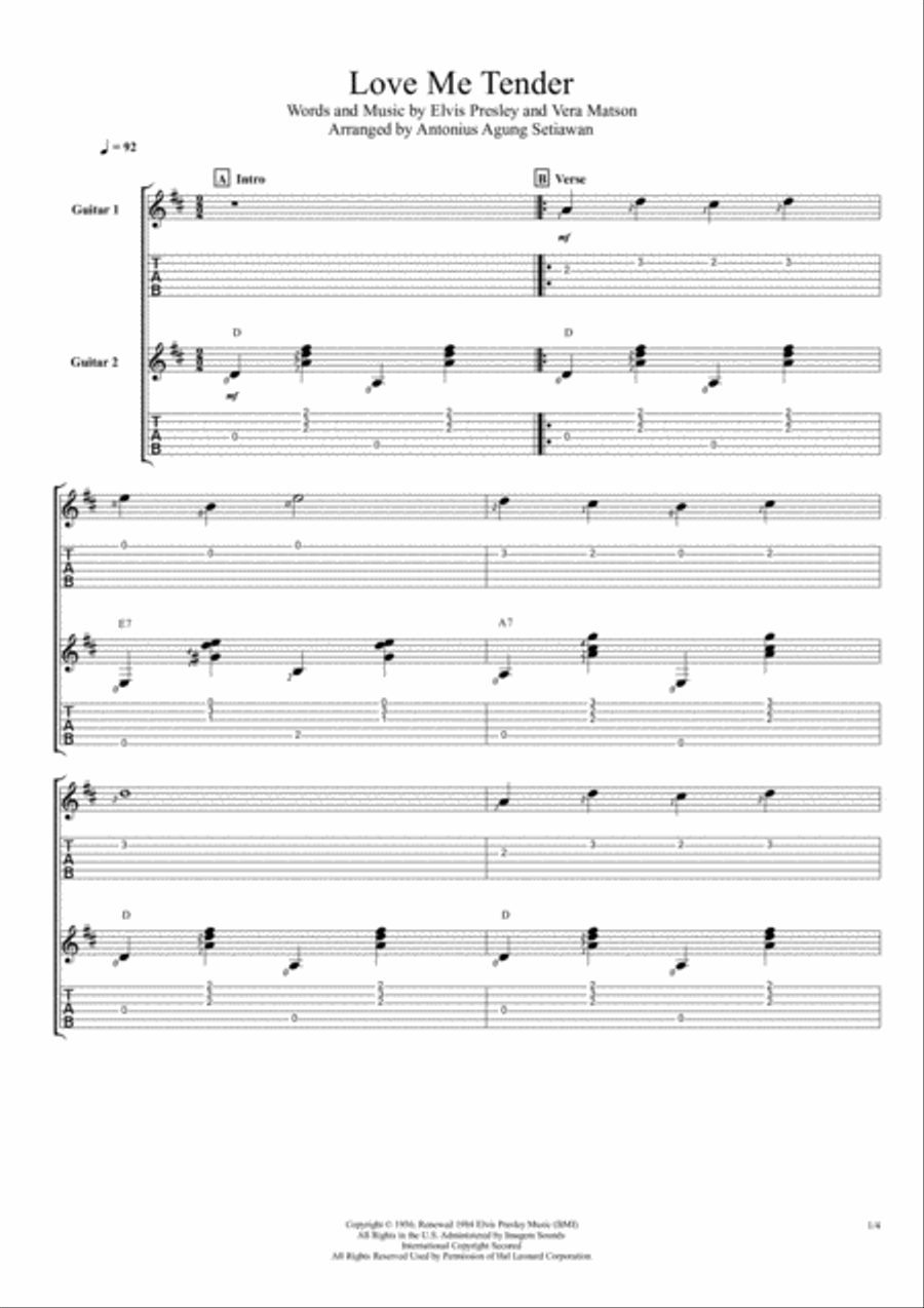 Love Me Tender Love Me Tender Guitar Tablature scores gallery preview page 1