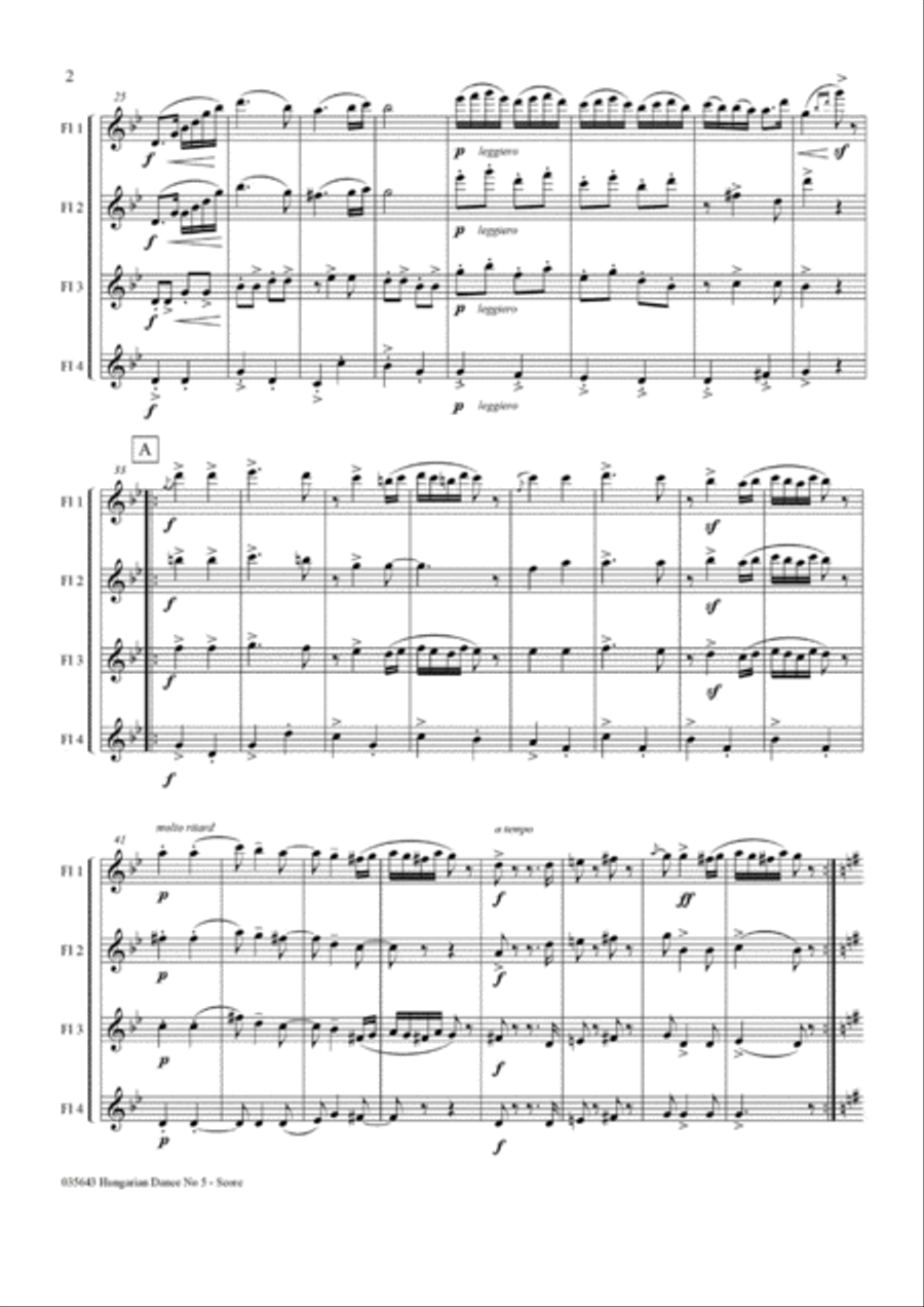 HUNGARIAN DANCE NO 5 - FLUTE QUARTET HUNGARIAN DANCE NO 5 - FLUTE QUARTET Flute Quartet scores gallery preview page 3