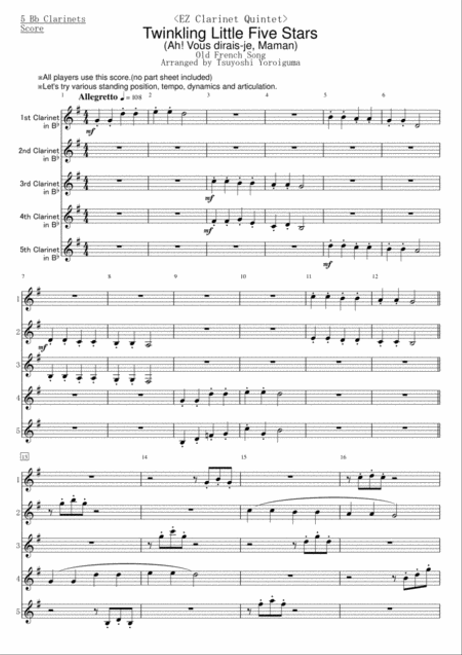 <EZ Clarinet Quintet> Twinkling Little Five Stars Clarinet Quintet scores gallery preview page 1