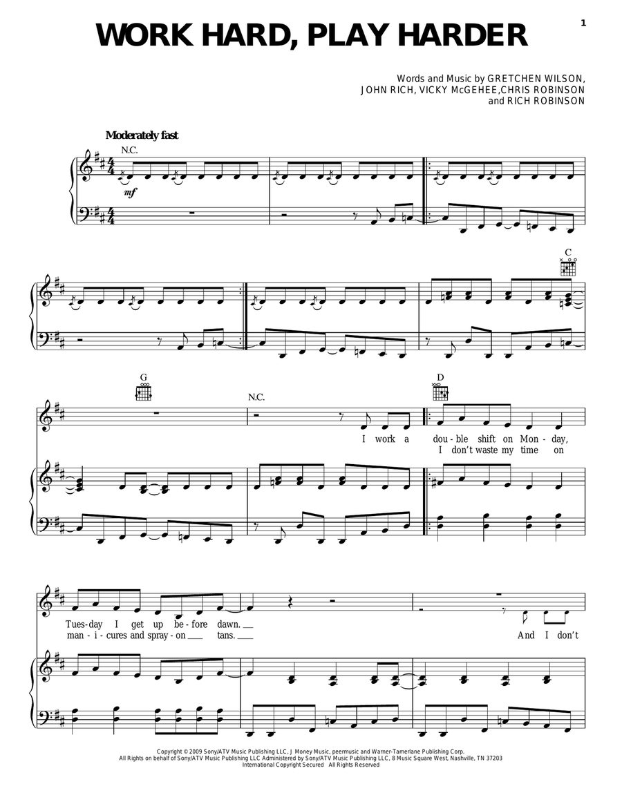 Work Hard, Play Harder Piano, Vocal, Guitar scores gallery preview page 1