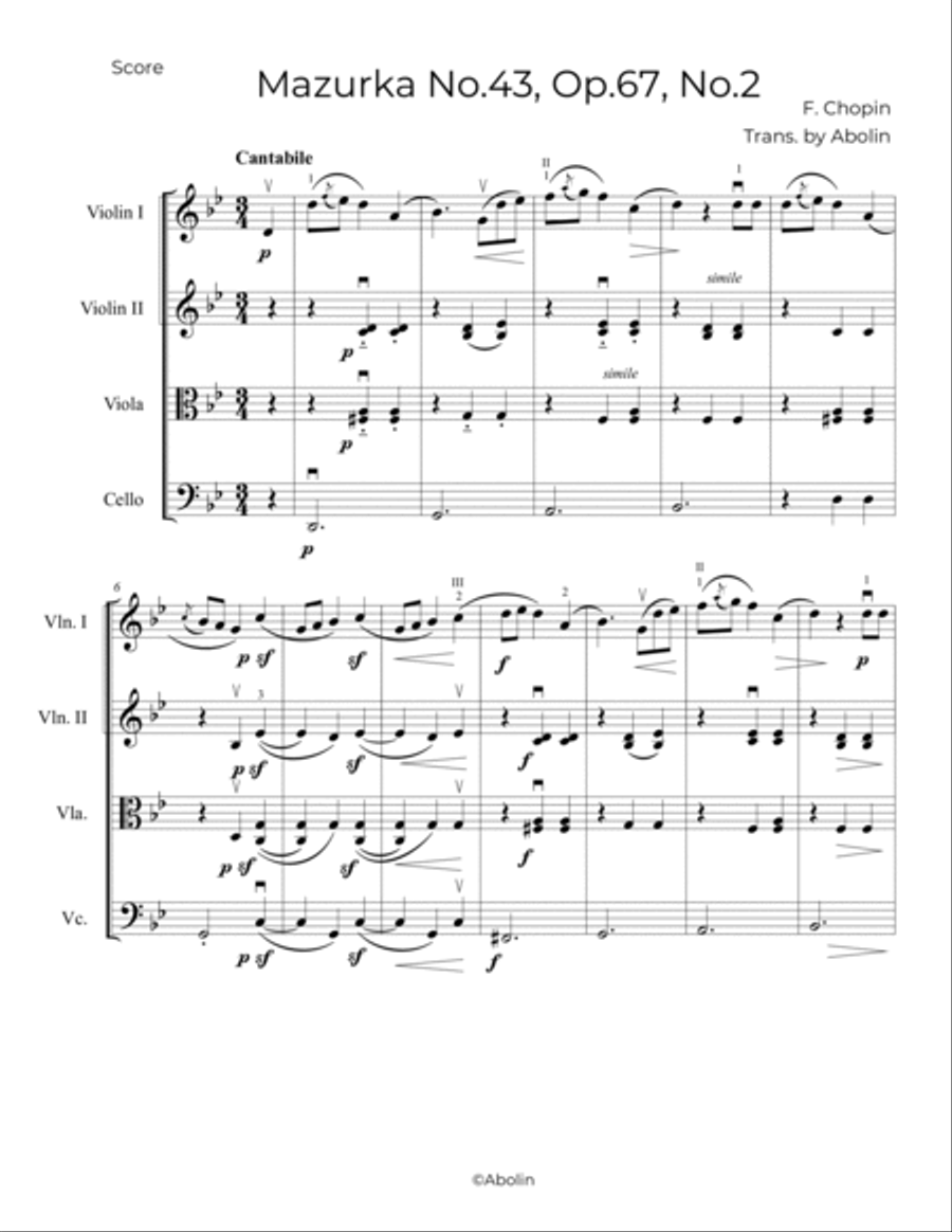 Chopin: Mazurka No.43, Op.67, No.2 - String Quartet