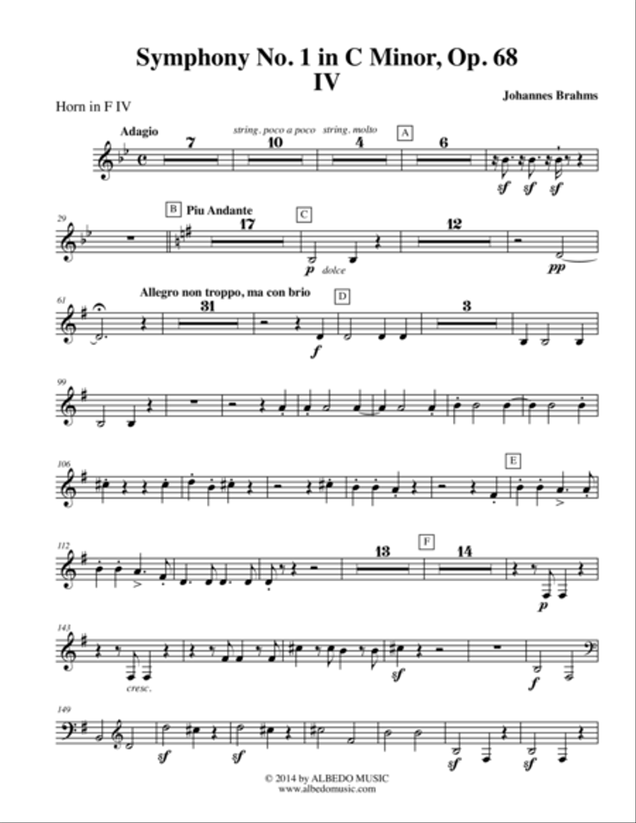 Brahms Symphony No. 1, Movement IV - Horn in F 4 (Transposed Part), Op. 68 Horn Solo scores gallery preview page 1