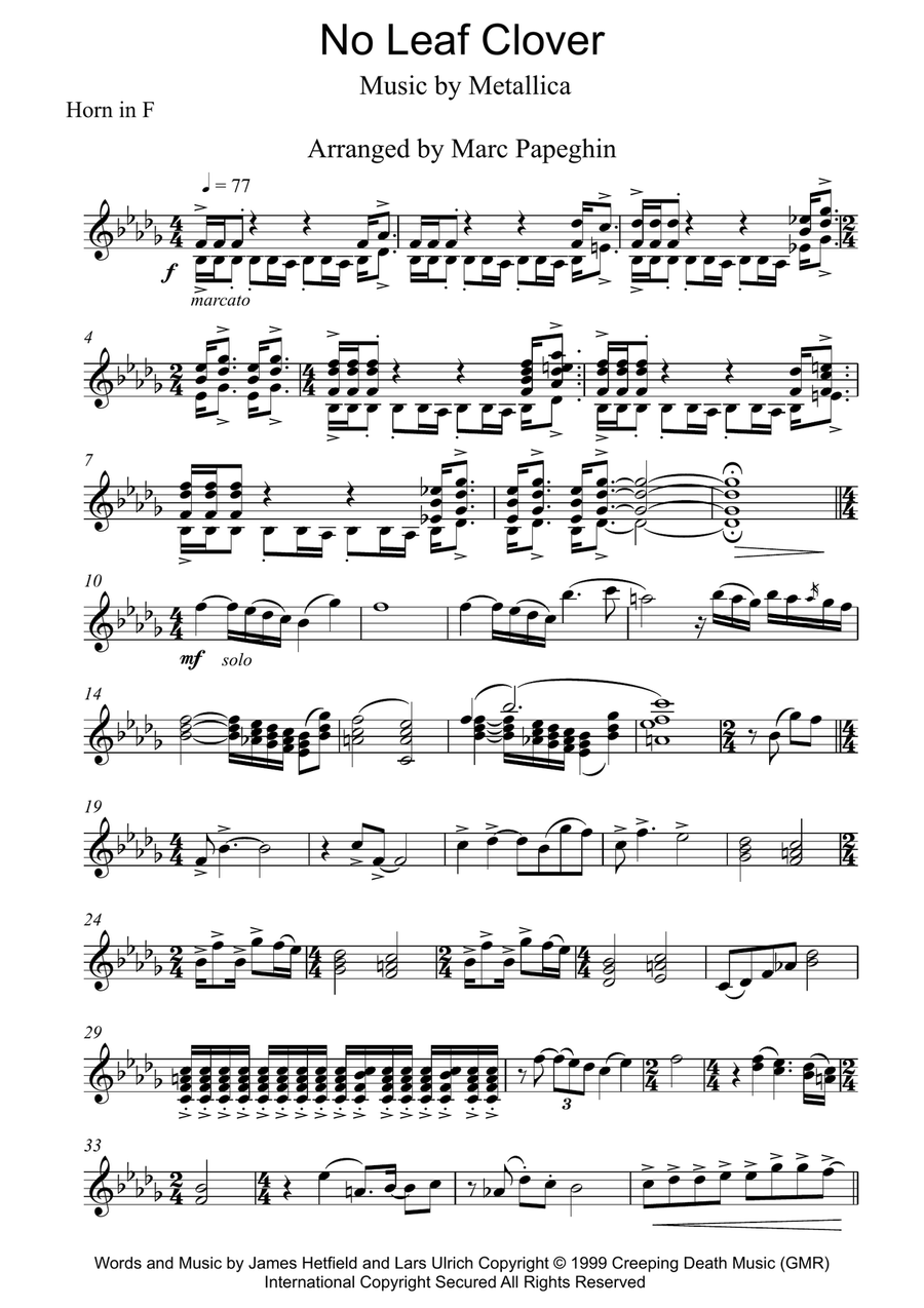 No Leaf Clover No Leaf Clover Horn Solo scores gallery preview page 1