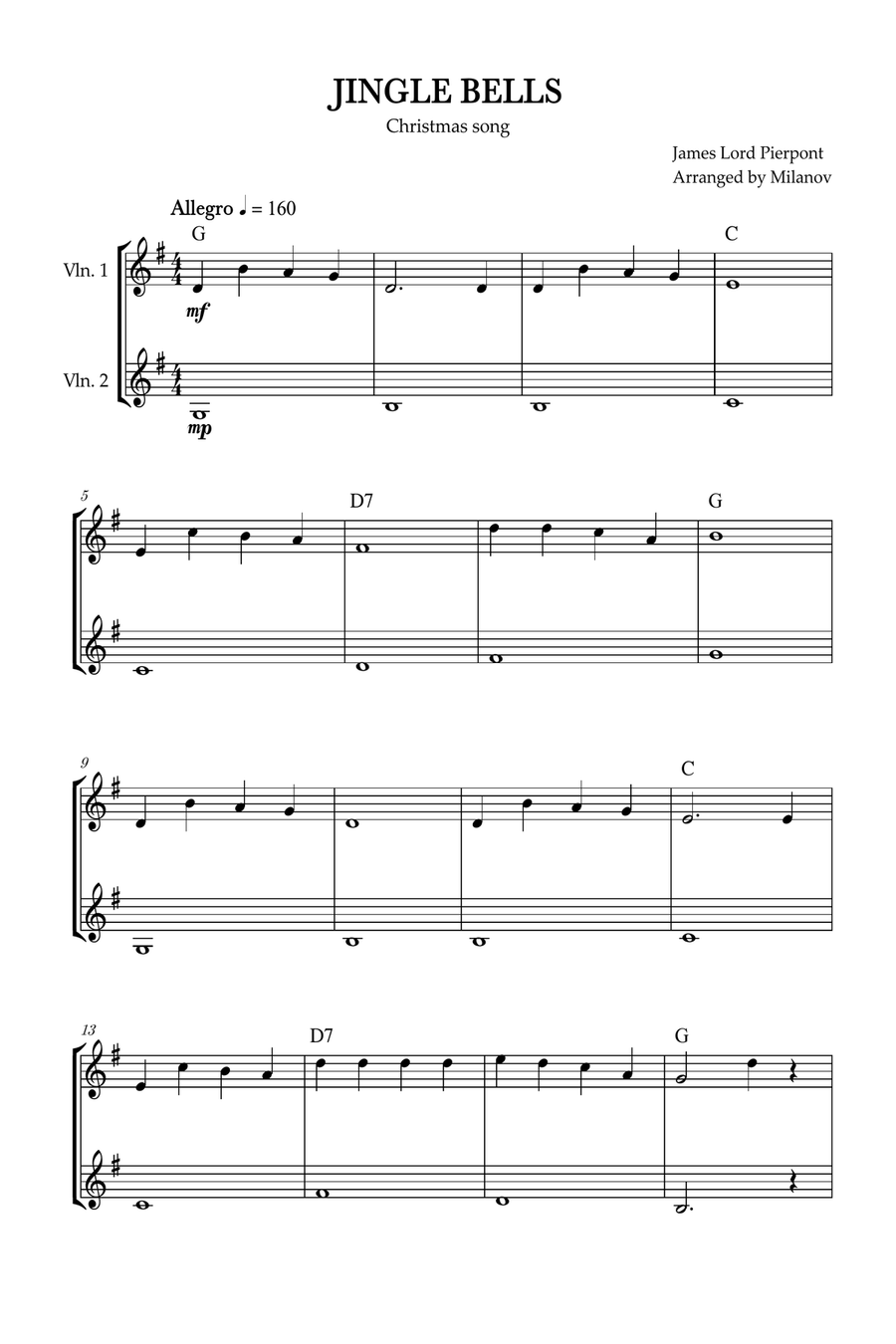 Jingle Bells | Pierpont | Christmas song | violin duet | easy | chords | G Major String Duet scores gallery preview page 1