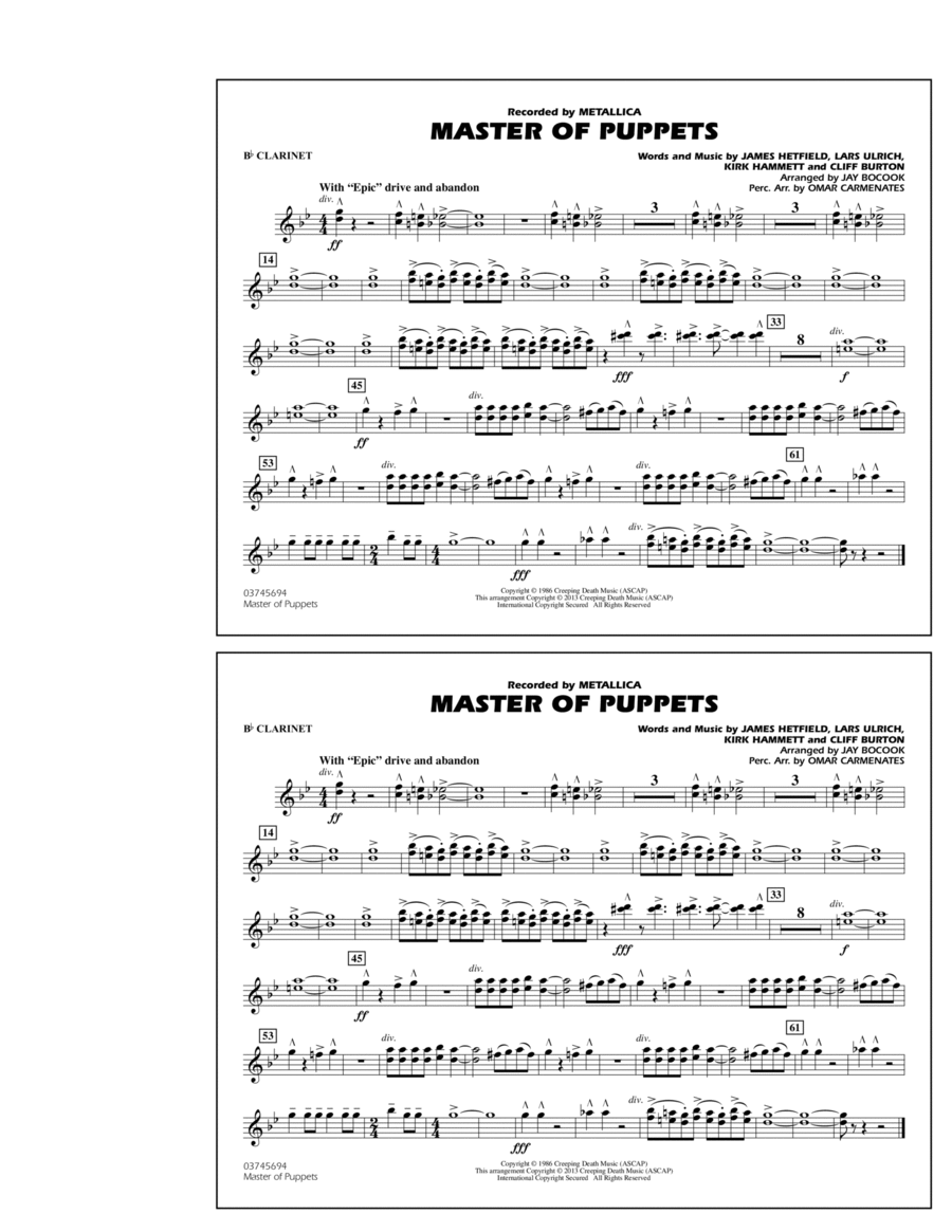 Master of Puppets - Bb Clarinet