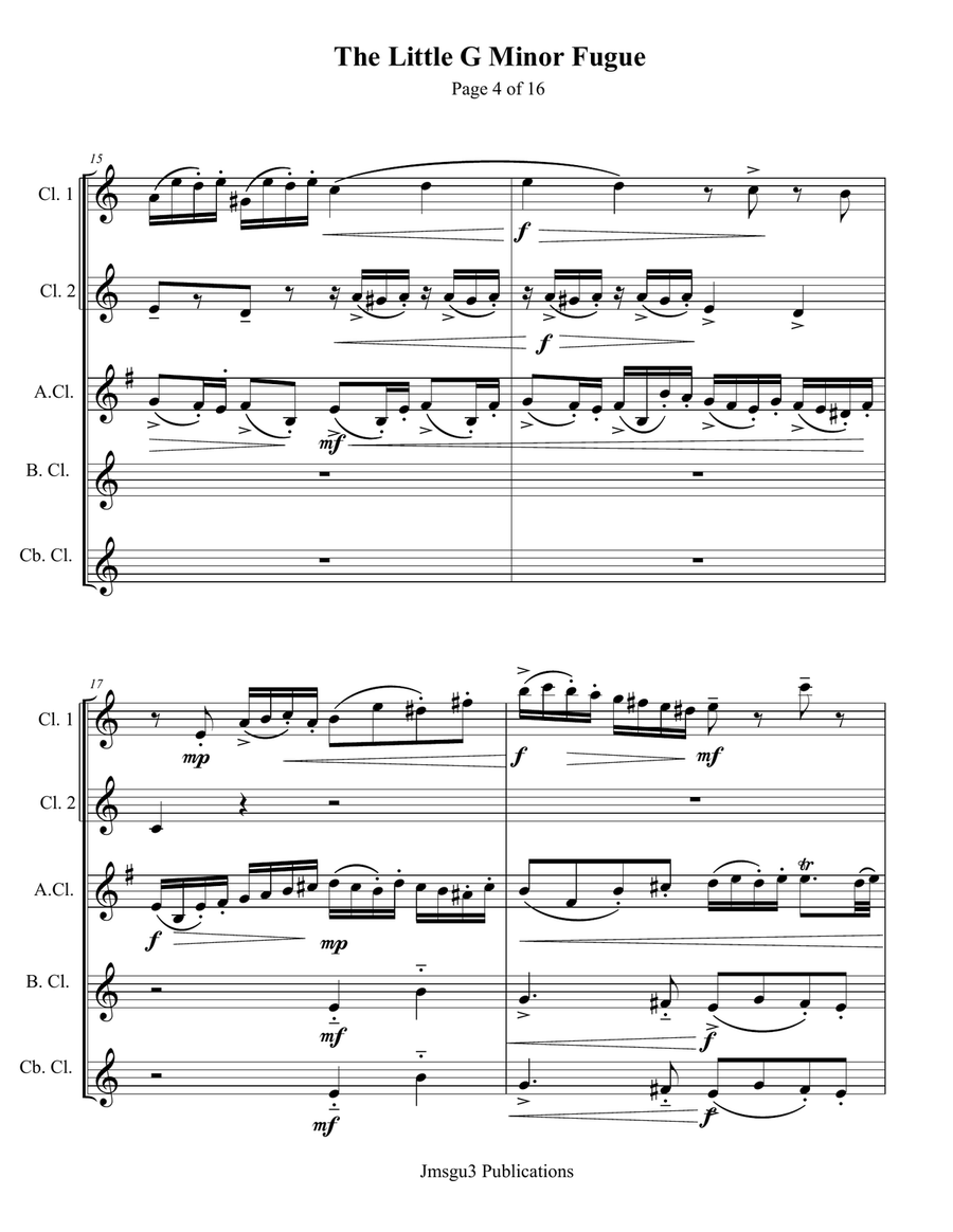 Bach: The Little G Minor Fugue BWV 578 for Clarinet Quintet Clarinet Quintet scores gallery preview page 4