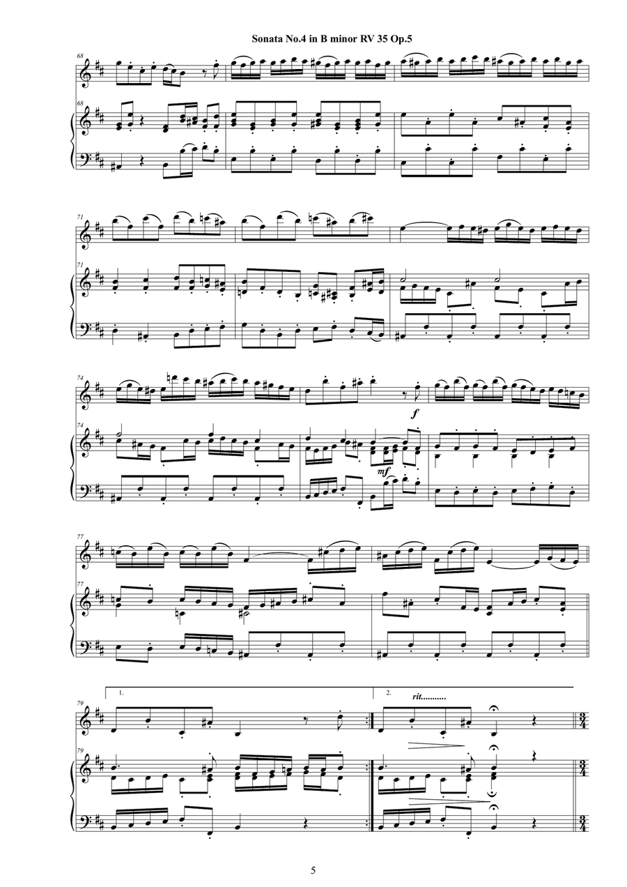 Vivaldi - Violin Sonata No. 4 in B minor RV 35 Op.5 for Violin and Cembalo (or Piano) String Duet scores gallery preview page 5