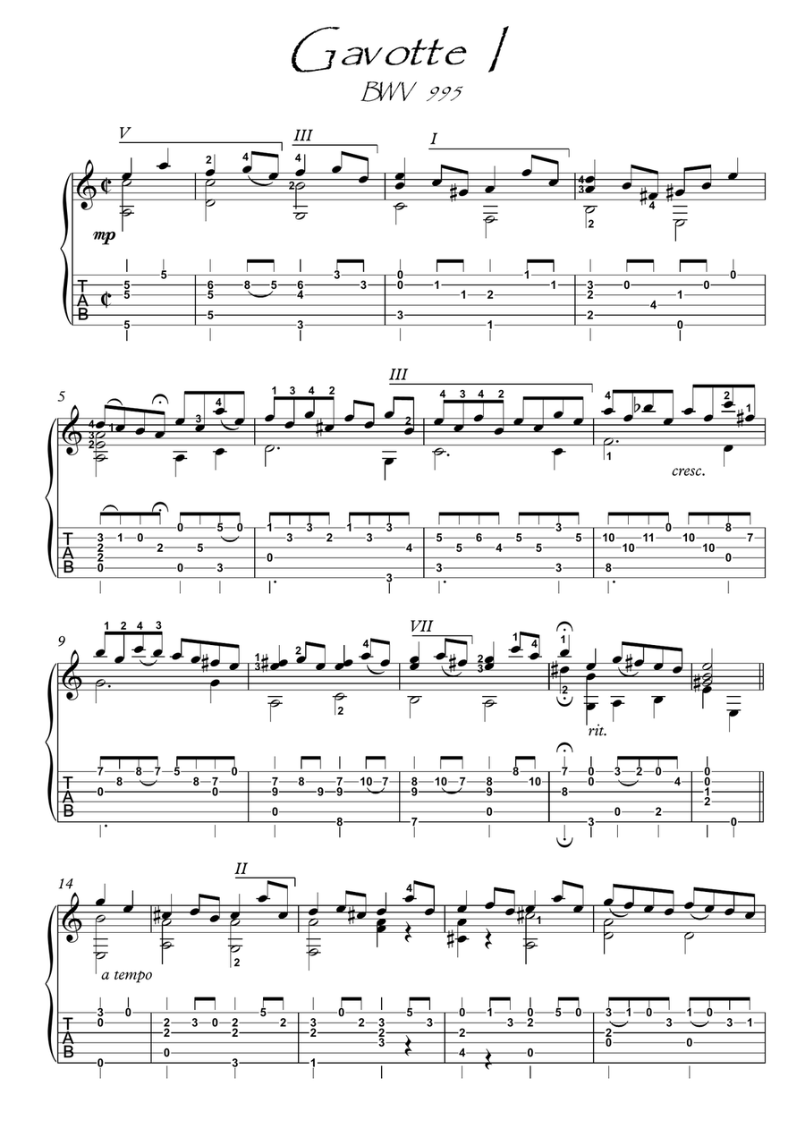 Bach for Guitar Gavotte I bwv 995 Acoustic Guitar scores gallery preview page 1