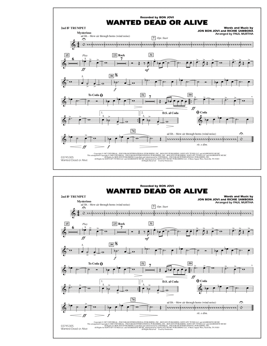 Wanted Dead or Alive - 2nd Bb Trumpet Marching Band scores gallery preview page 1