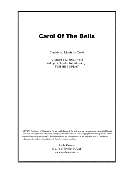 Carol Of The Bells - Lead sheet arranged in traditional and jazz style (key of Gm)
