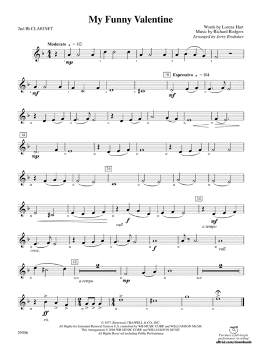 My Funny Valentine: 2nd B-flat Clarinet Concert Band scores gallery preview page 1
