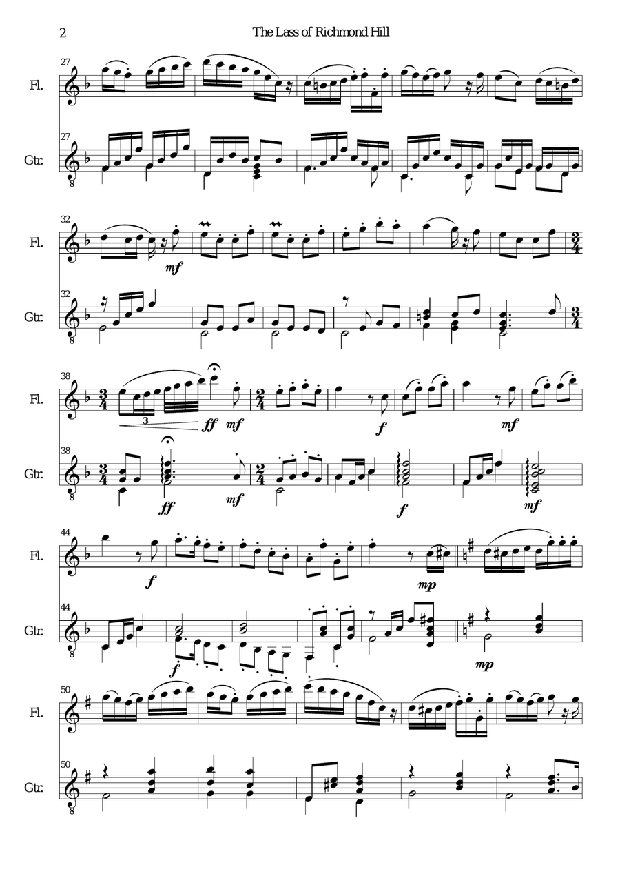 Lass of Richmond Hill for (advanced) flute and guitar Flute scores gallery preview page 2