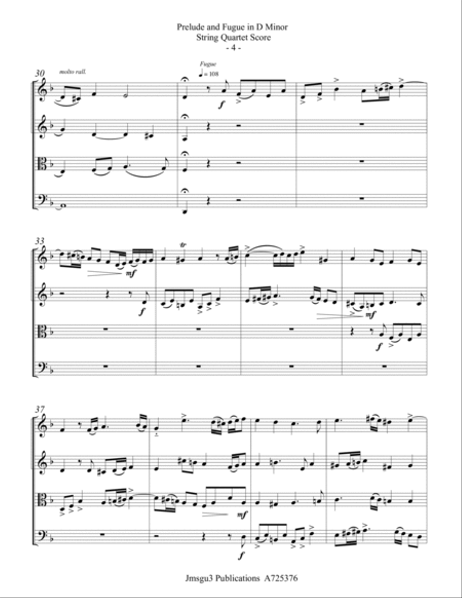 Bach: Prelude & Fugue in D Minor BWV 554 for String Quartet String Quartet scores gallery preview page 4