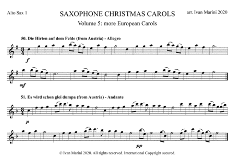 SAXOPHONE CHRISTMAS CAROLS vol. 5 - 12 world famous European Carols for Sax Quartet (SATB or AATB) Saxophone Quartet scores gallery preview page 1