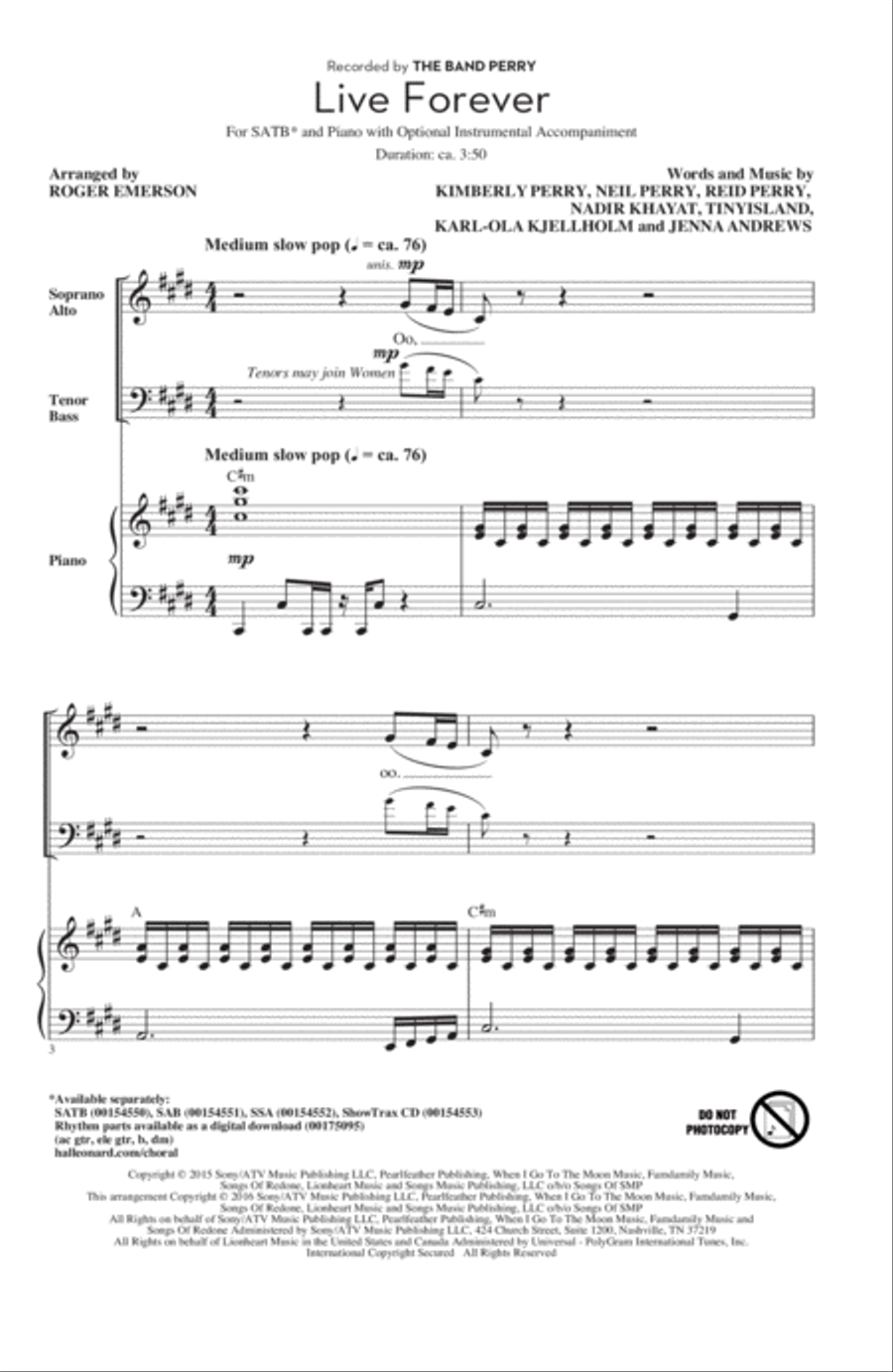 Live Forever (arr. Roger Emerson) 4-Part scores gallery preview page 1