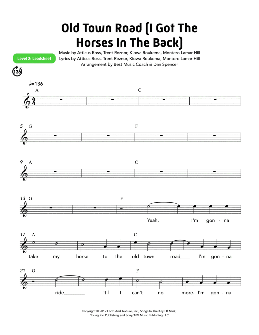 Old Town Road (i Got The Horses In The Back) Easy Piano scores gallery preview page 1