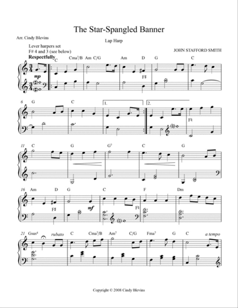 The Star-Spangled Banner, for Lap Harp Solo Lap Harp scores gallery preview page 2