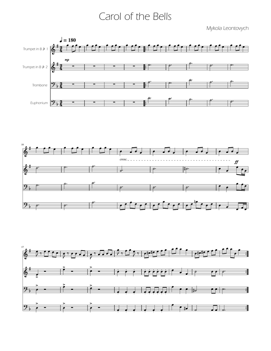 Carol of The Bells - Brass Quartet Brass Quartet scores gallery preview page 1