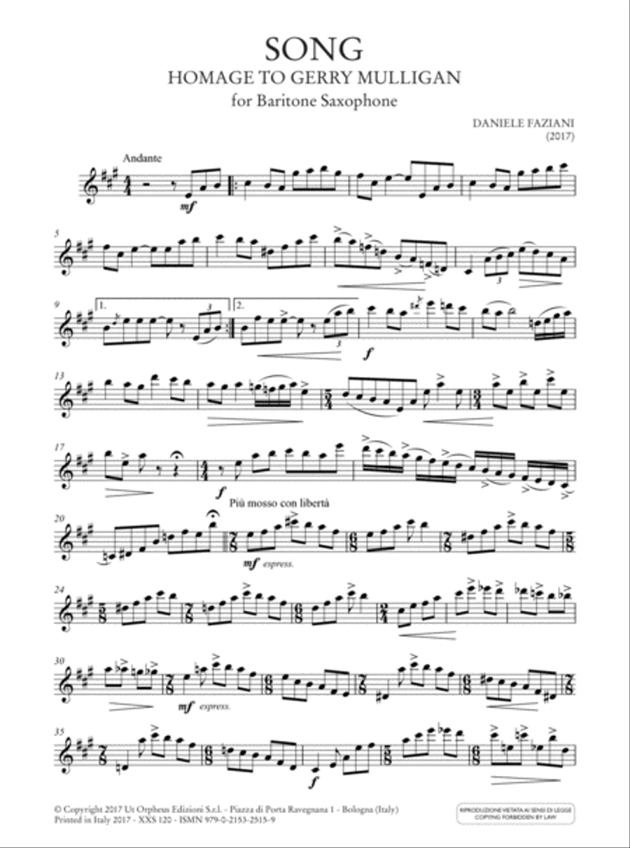 Song. Homage to Gerry Mulligan for Baritone Saxophone (2017) Baritone Saxophone scores gallery preview page 2