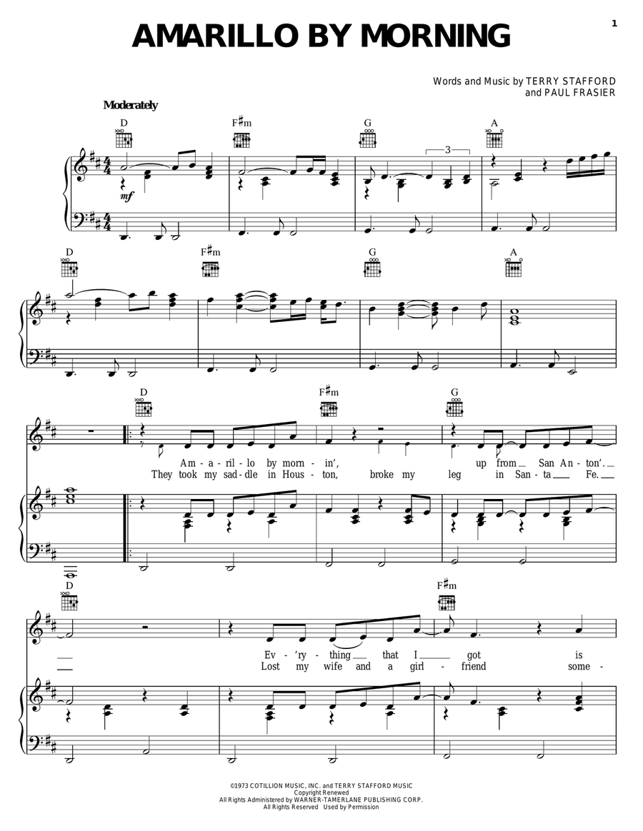 Amarillo By Morning Piano, Vocal, Guitar scores gallery preview page 1