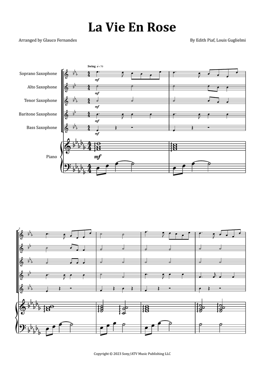 La Vie En Rose Saxophone Quintet scores gallery preview page 1