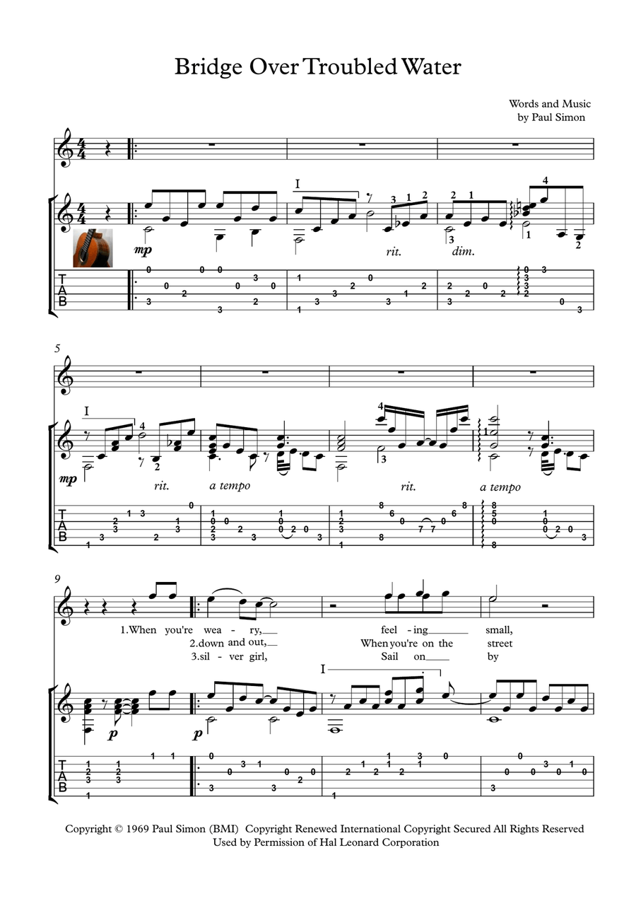 Bridge Over Troubled Water Acoustic Guitar scores gallery preview page 1