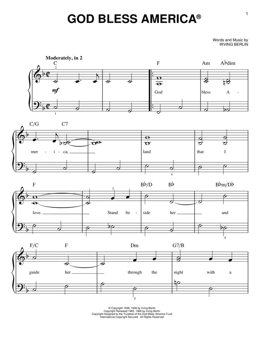 God Bless America Easy Piano scores gallery preview page 1