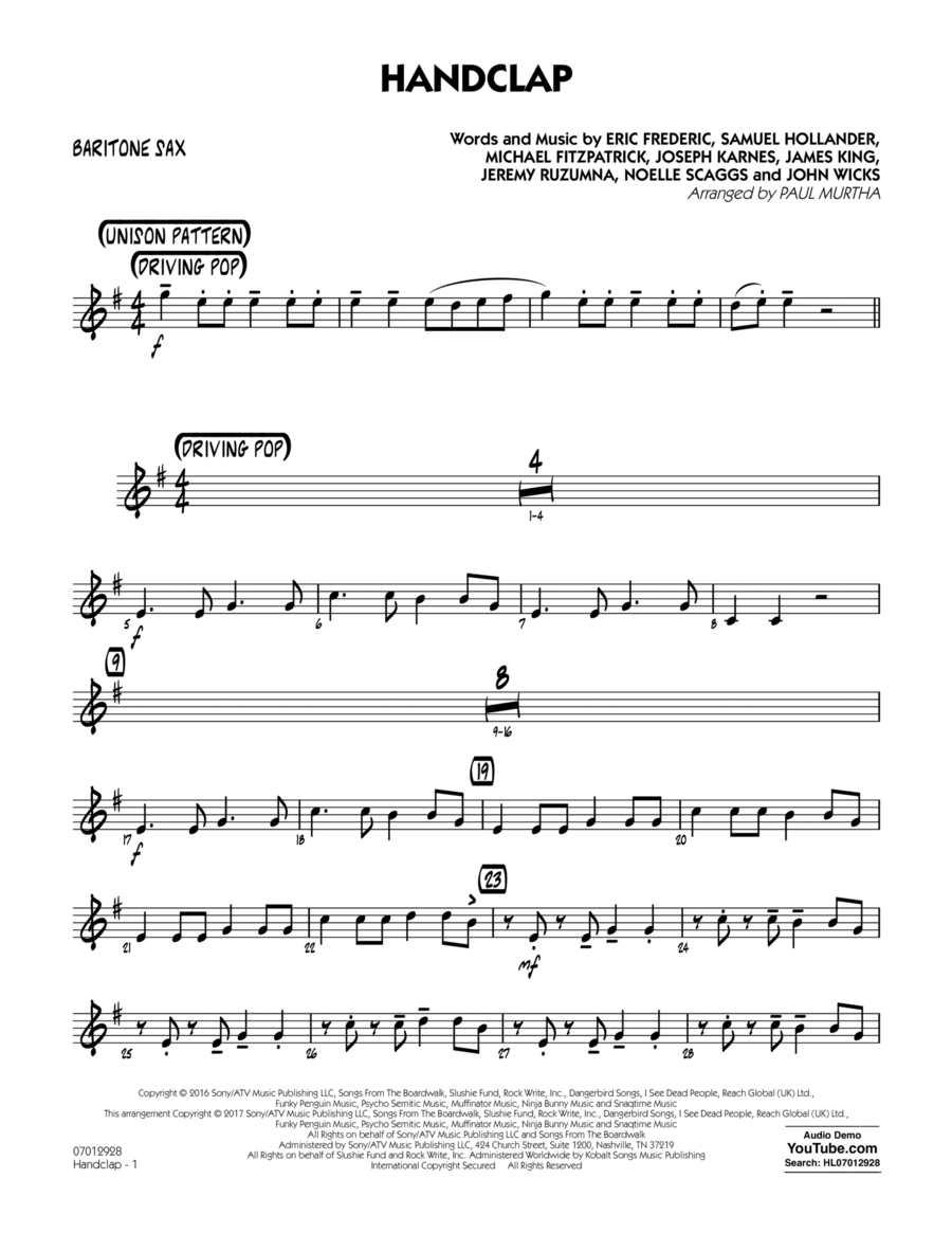 HandClap - Baritone Sax Baritone Saxophone scores gallery preview page 1