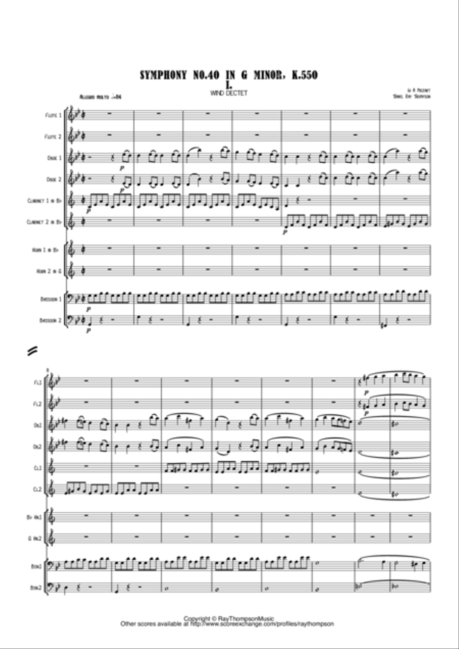 Mozart: Symphony No. 40 in G min K550 Mvt.1 - wind dectet School and Community scores gallery preview page 1