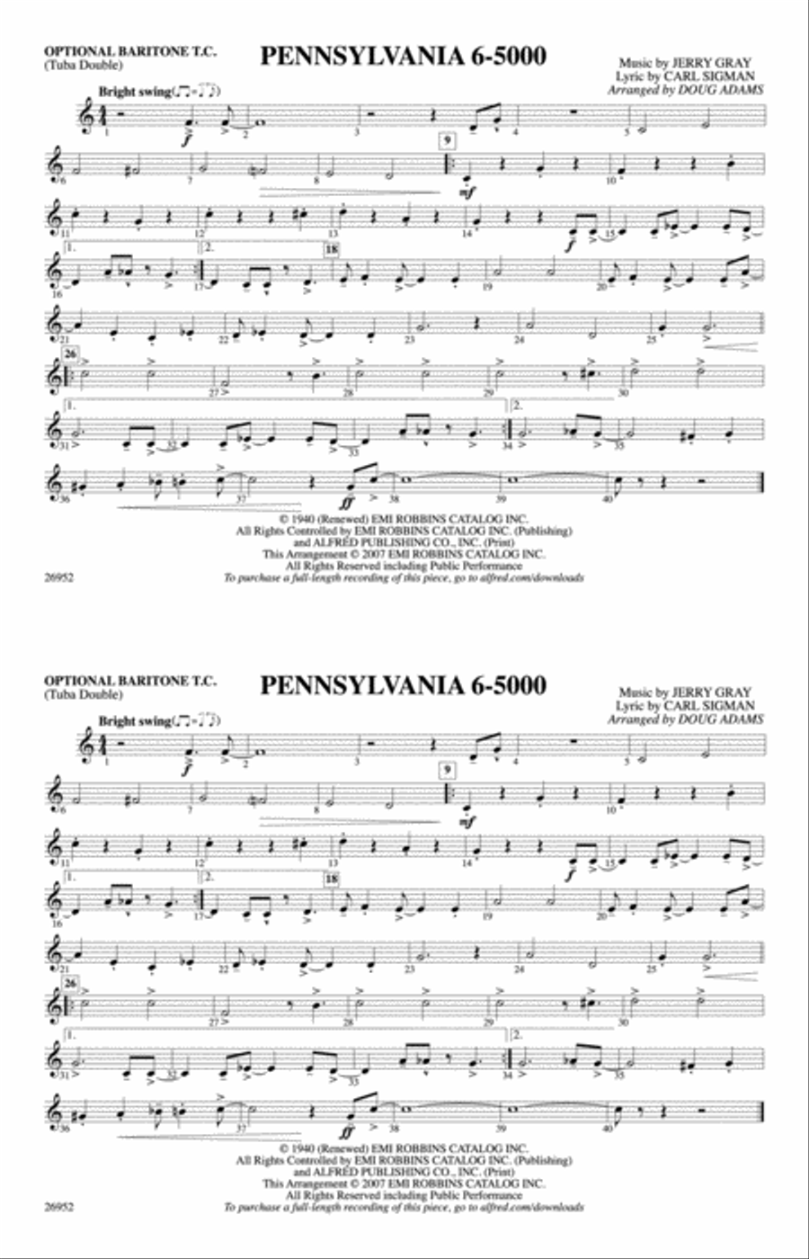 Pennsylvania 6-5000: Optional Baritone T.C. (Tuba Double) Marching Band scores gallery preview page 1