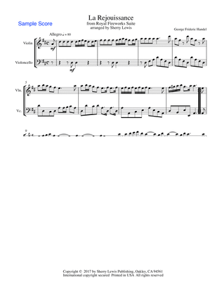 LA REJOUISSANCE from Royal Fireworks, String Duo, Intermediate Level for violin and cello