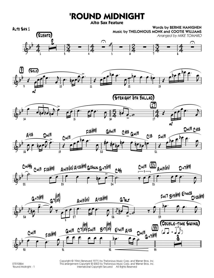 'Round Midnight (arr. Mike Tomaro) - Alto Sax 1 Jazz Ensemble scores gallery preview page 1