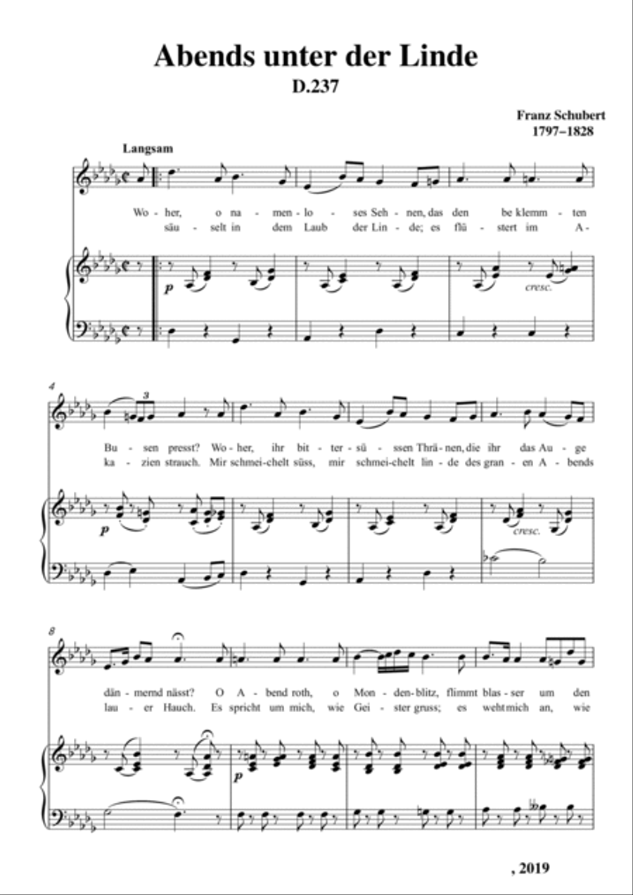Schubert-Abends unter der Linde,D.237 in bD for Vocal and Piano Voice scores gallery preview page 2