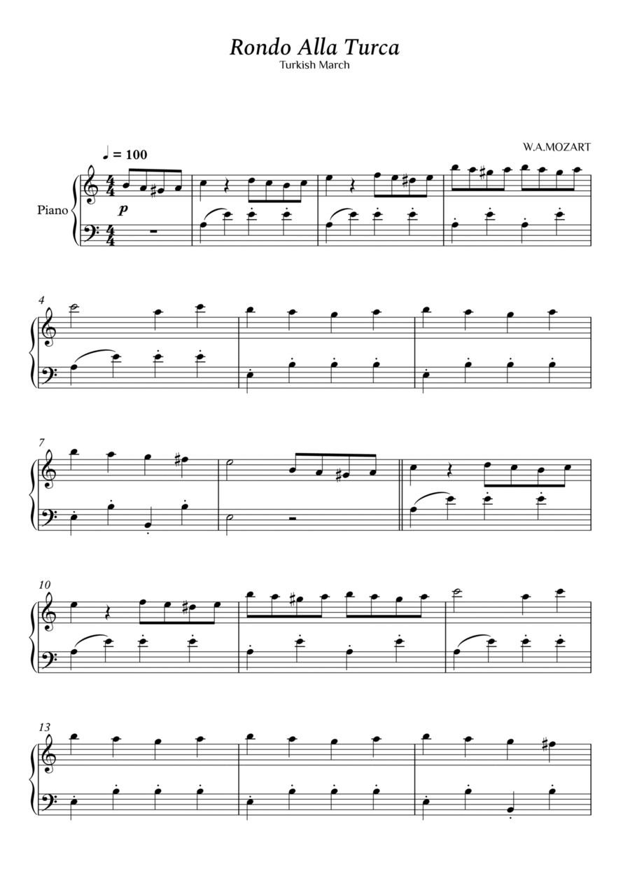 Mozart - Rondo Alla Turca - Piano Easy Voice scores gallery preview page 1